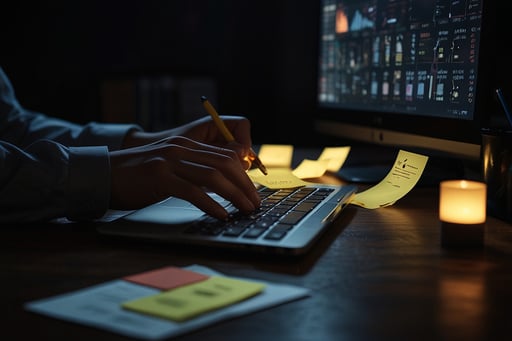 Manos de empresario organizando tarjetas de proceso en una mesa de trabajo con luz tenue y laptop abierta