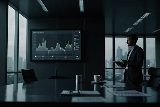 Equipo empresarial revisando un dashboard digital en una pantalla grande con métricas de negocio en tiempo real