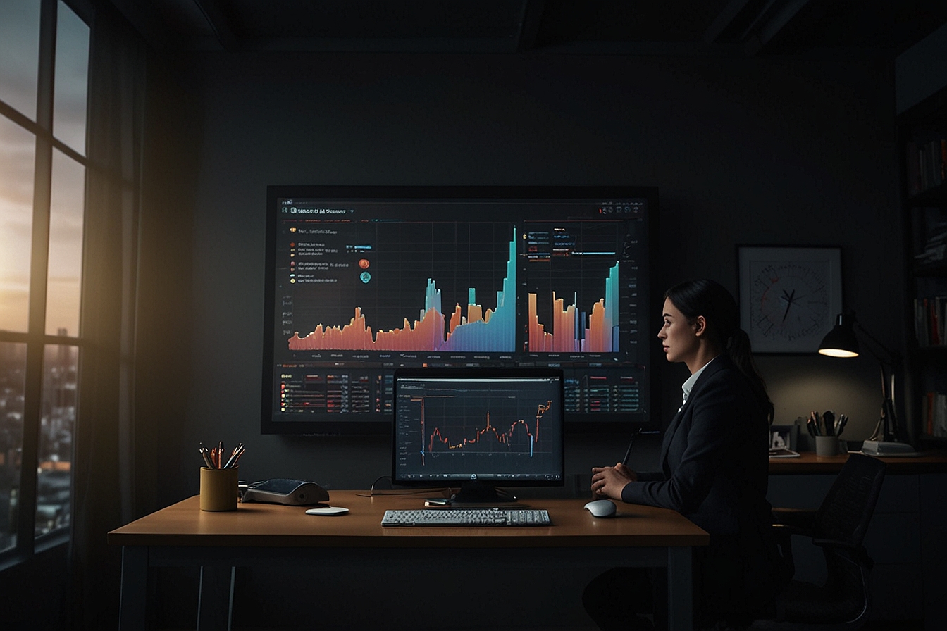 Dueño de negocio revisando un dashboard de analítica web con gráficas de fuentes de tráfico en una pantalla grande en oficina oscura
