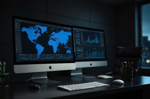 Dos interfaces web en monitores de oficina moderna mostrando una landing page minimalista y un sitio corporativo complejo