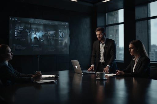 Diseñador web presentando un sitio corporativo profesional terminado en una reunión de negocios