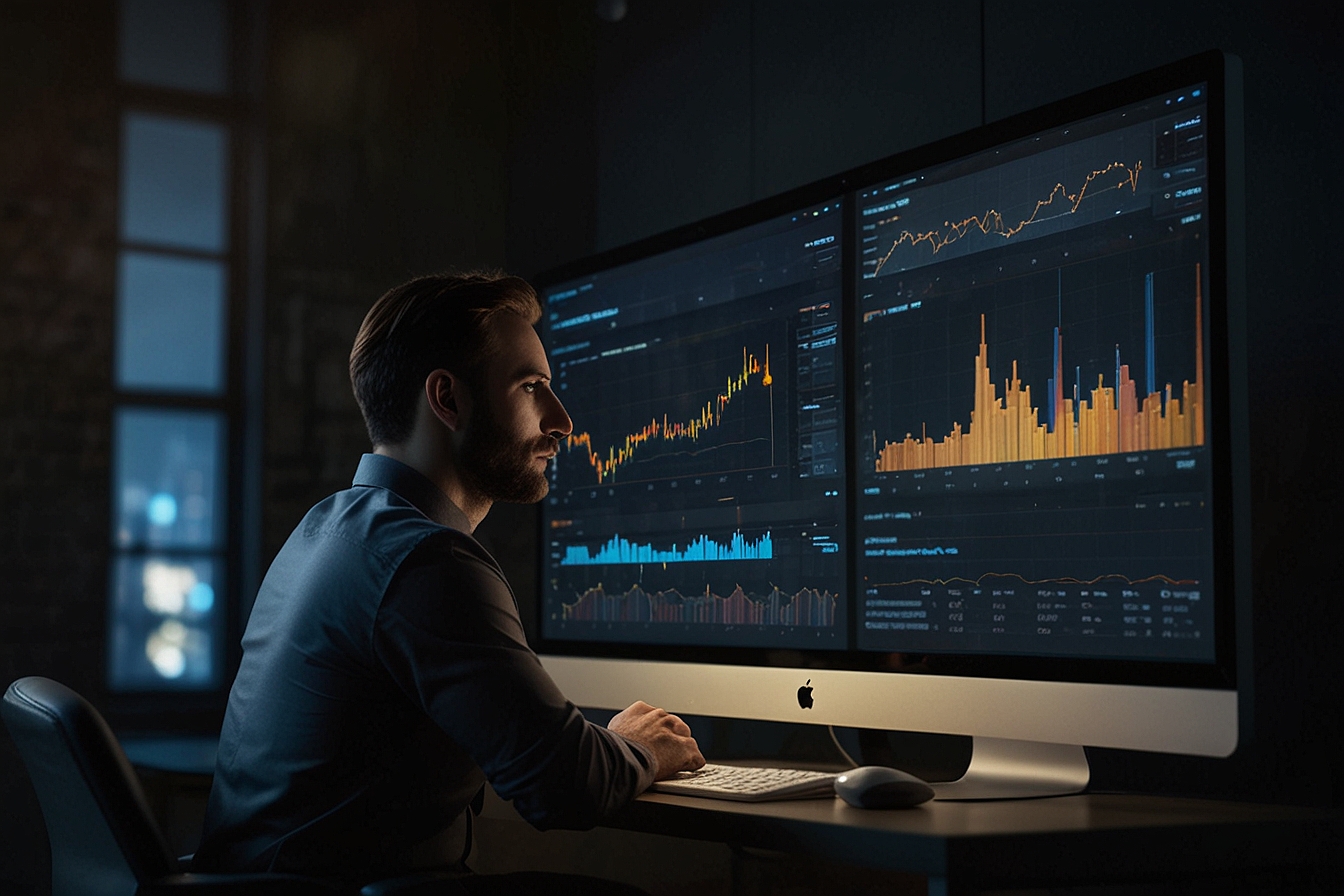 Dueño de negocio revisando reportes de analítica web en un monitor grande dentro de una oficina oscura con iluminación dramática