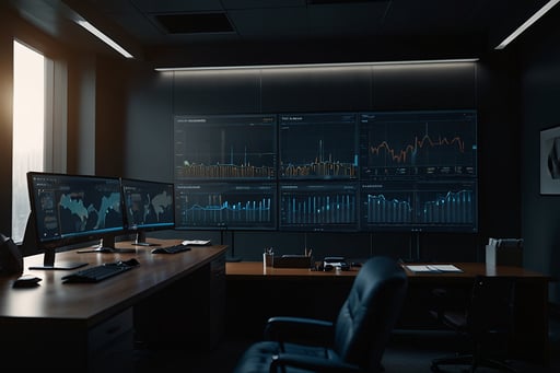 Pantalla de CRM empresarial mostrando un embudo de ventas con datos de clientes en una oficina profesional con iluminación dramática